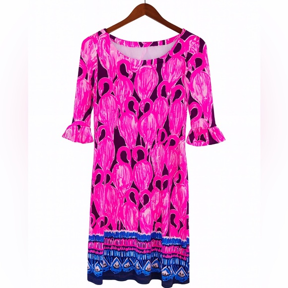 🌸 Lilly Pulitzer Sophie Ruffle Dress – Flamingo Pink Print – Size M - Picture 1 of 9